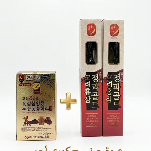 الجينسينج الأحمر الكوري 6 سنوات — بالكورديسيبس والريشي + ٢ عود جينسيج احمر قابل للاكل